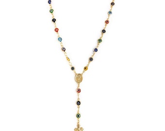 14k Gold Filled Rosary Necklace: Multi Color Evil Eye, Divine Child Crucifix