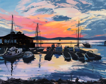 Burlington Sunset Boat Docks Print / Summer Night Lake Champlain Vermont Painting  / 11x14 Handmade Print with Border Wall Decor