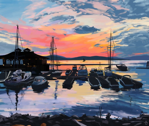 Burlington Sunset Boat Docks Print / Summer Night Lake Champlain Vermont Painting  / 11x14 Handmade Print with Border Wall Decor
