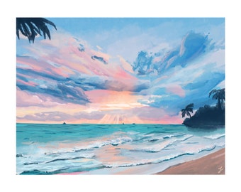 Watercolor Sunset Painting on the Beach Print / Summer Night Palm Trees Illustration / 11x14 or 11x17 Handmade Print with Border Wall Decor