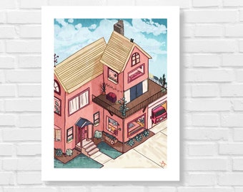 Isometric Pink Home Print / House in the countryside Painting  / 11x14 inch print