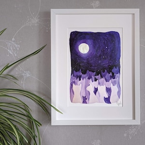 Purple cats, full moon - original watercolour painting