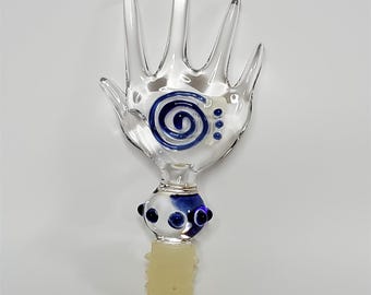 Payton Flameworks handblown clear glass/blue swirl and dots "hand" bottlestopper