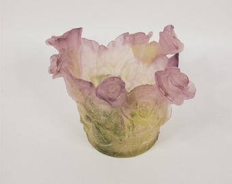 Daum France ROSES Pate de Verre Candle Votive Holder in Pink/Green