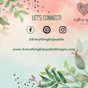 May include: A watercolor-style graphic with the text "LET'S CONNECT!" and social media icons for Facebook, Pinterest, and Instagram. The image includes the Etsy shop's handle and website address, with a floral and leaf design.