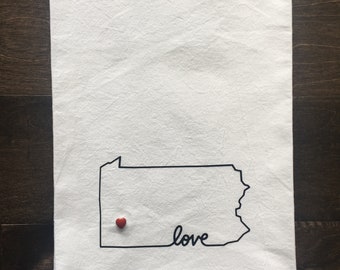 Custom State Tea Towel with Metal Heart Stud, All 50 States Available