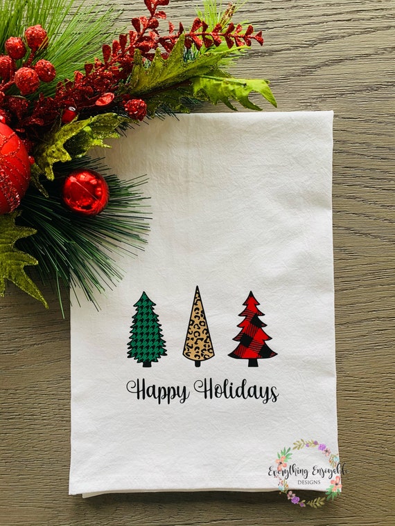 Personalized Christmas Tree Kitchen Towel, Buffalo Plaid Leopard Trees,  Flour Sack, Kitchen Decor, Kitchen Towels, Dish Towel, Tea Towel 