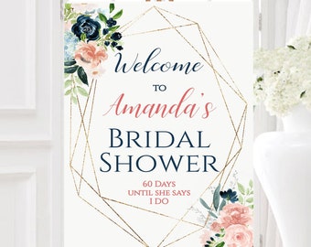 Welcome Bridal Shower Sign | Navy  Bridal Shower Sign | Printable Template | Editable Sign | Coral Flowers