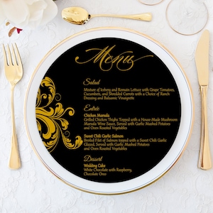Round Menu Cards Wedding Menu Cards Gold Menu Cards Editable Printable Template Charger Plate Menu Cards Black Menu Card image 1