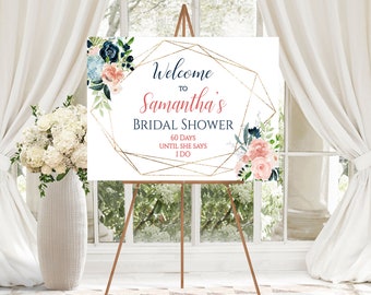 Welcome Bridal Shower Sign | Navy  Bridal Shower Sign | Printable Template | Editable Sign | Coral Flowers
