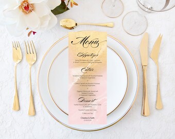 Wedding Menu Cards | Tall Blush & Gold Menu Card | Bridal Shower Menu Cards | Marble | Editable Template | Downloadable Template