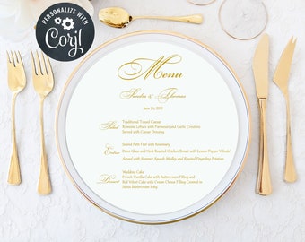 Cartes de menu rondes | Cartes de menu de mariage | Cartes de menu en or | Modèle imprimable modifiable | Cartes de menu pour assiettes de présentation