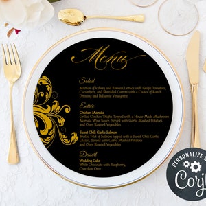 Round Menu Cards Wedding Menu Cards Gold Menu Cards Editable Printable Template Charger Plate Menu Cards Black Menu Card image 5