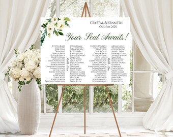 Wedding Banquet Table Seating Chart | Wedding Seating Chart | Template | Editable Seating Chart | Greenery Flowers