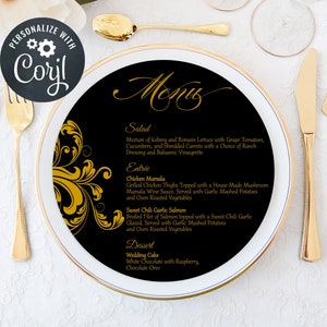 Round Menu Cards Wedding Menu Cards Gold Menu Cards Editable Printable Template Charger Plate Menu Cards Black Menu Card image 6