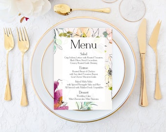 Wedding Menu Template, Menu Card Template, Floral Wedding Menu, Modern Wedding Menu, Printable Menu Cards, Reception Menu