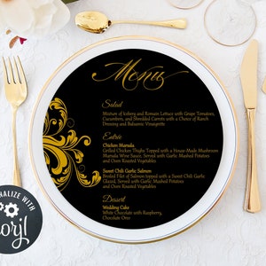 Round Menu Cards Wedding Menu Cards Gold Menu Cards Editable Printable Template Charger Plate Menu Cards Black Menu Card image 8