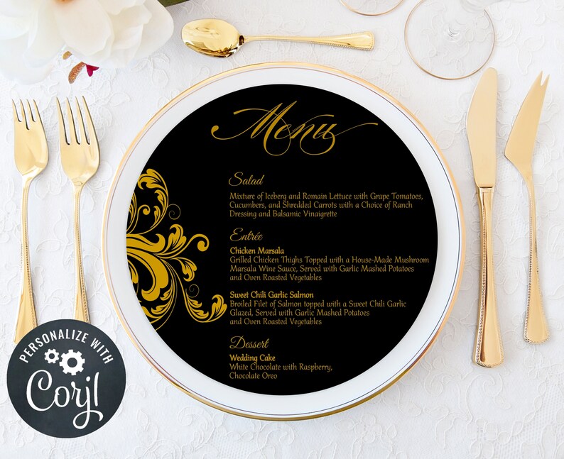 Round Menu Cards Wedding Menu Cards Gold Menu Cards Editable Printable Template Charger Plate Menu Cards Black Menu Card image 4