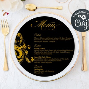 Round Menu Cards Wedding Menu Cards Gold Menu Cards Editable Printable Template Charger Plate Menu Cards Black Menu Card image 2