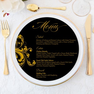 Round Menu Cards Wedding Menu Cards Gold Menu Cards Editable Printable Template Charger Plate Menu Cards Black Menu Card image 9