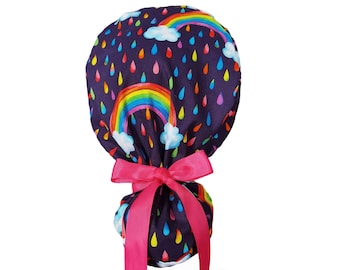 Rainbow Ponytail Cap,Long Hair Ponytail Hat,Ponytail Scrub Hat with Buttons,Ponytail Surgical Cap,Cute Ponytail Cap,Ponytail Hat for Woman