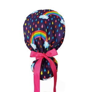 Rainbow Ponytail Cap,Long Hair Ponytail Hat,Ponytail Scrub Hat with Buttons,Ponytail Surgical Cap,Cute Ponytail Cap,Ponytail Hat for Woman
