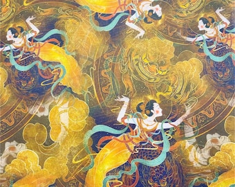Chinese Ancient Times Dunhuang Mogao Caves Fabric–Silk Road Buddhist Art Print–Flying Apsaras & Bodhisattva–100% Cotton Fabric by Half Yard