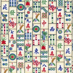 May include: A colourful fabric featuring a repeating pattern of mahjong tiles. The tiles are arranged in a grid pattern and feature various Chinese characters and symbols. The fabric is a cream colour with red, blue, green, and black accents.