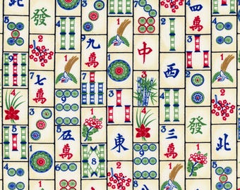 Tissu pour carreaux de mahjong - Jeu d'impression chinois avec bambou, personnages et dragons - Tissu fantaisie 100 % coton par demi-mètre - Soirée jeux amusante à faire soi-même