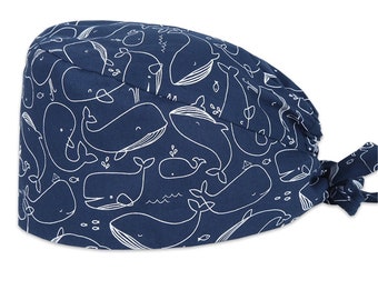 Whale Surgical Cap,Mens Scrub Cap,Medical Scrub Hat,Womens Surgical Hat,Whales Scrub Cap,Cute Surgical Cap,Blue Surgical Hat with Buttons
