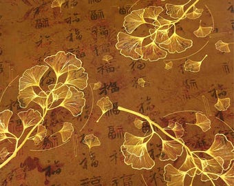 Ginkgo Leaves & Chinese Calligraphy Fabric–Gold Foil Print on Vintage Brown Cotton–100% Cotton Fabric by Half Yard for Cultural Gifts