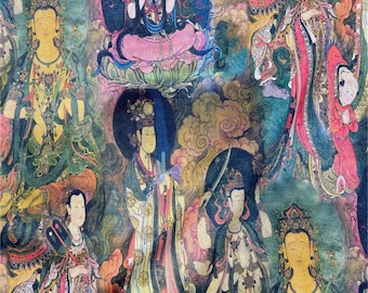 Dunhuang Cave Temple Fabric–Silk Road Buddhist Art Print–100% Cotton Fabric by Half Yard for Meditation Wear, Home Decor & Sacred Textiles