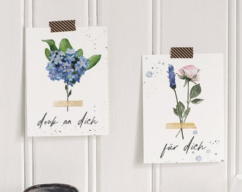 2er Set Postkarten denk an dich + für dich |  Aquarell & Kalligraphie | Geburtstag, Geschenkidee, Grußkarte, Schriftzug | Einfach mal so