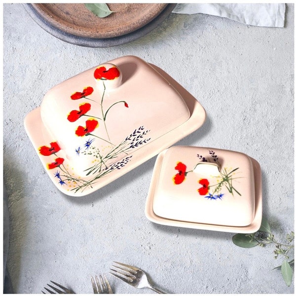 2 hand-painted butter dishes for 200 grams and 100 gr. "Wildflower...poppy"