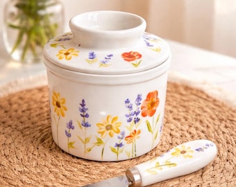 Französische Butterdose mit Messer Wildblumen