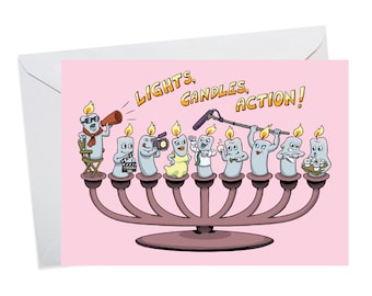 Lights, Candles, Action! Hollywood Hanukkah Card, Funny Hanukkah Cards, Cute Hanukkah Card, Jewish Holiday Card, Jewish Greeting Card