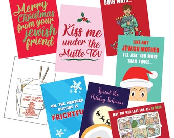 May include: A collection of humorous holiday greeting cards with various designs and text. The cards feature phrases like "Merry Christmas from your Jewish friend" and "Kiss me under the Mistle Tov." Other cards have illustrations and text.