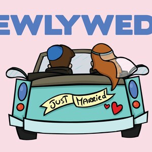 May include: A cartoon illustration of a blue car with a "Just Married" sign on the back. The car is driven by a couple wearing a yarmulke and a veil. The car is on a pink background.