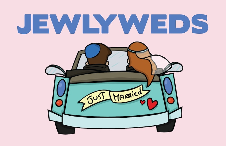 May include: A cartoon illustration of a blue car with a "Just Married" sign on the back. The car is driven by a couple wearing a yarmulke and a veil. The car is on a pink background.