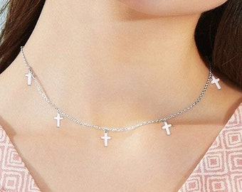 Silver Dainty chain necklace cross charms sterling silver 925 jewelry love choker