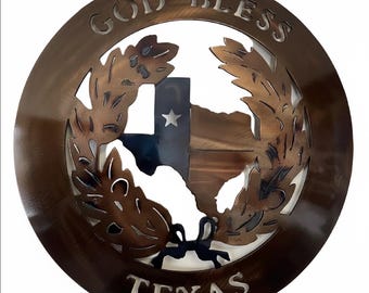 Jimmy Don God Bless Texas Metal Wall Art | JDH Iron Designs Heat Colored Steel Decor | Texas Wreath Wall Hanging | Rustic Texas Home Decor