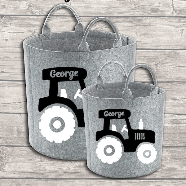 Personalised Childs Tractor Toy Bag Kids Toy Basket Toy Felt Trug Toy Storage Bag Birthday Gift Idea