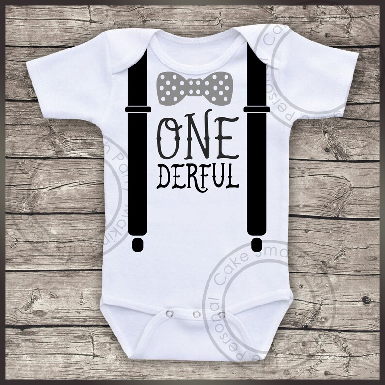 Personalised Bodysuit Boys Birthday Day Cake Smash Bodysuit Baby Vest One Derful Black and Grey