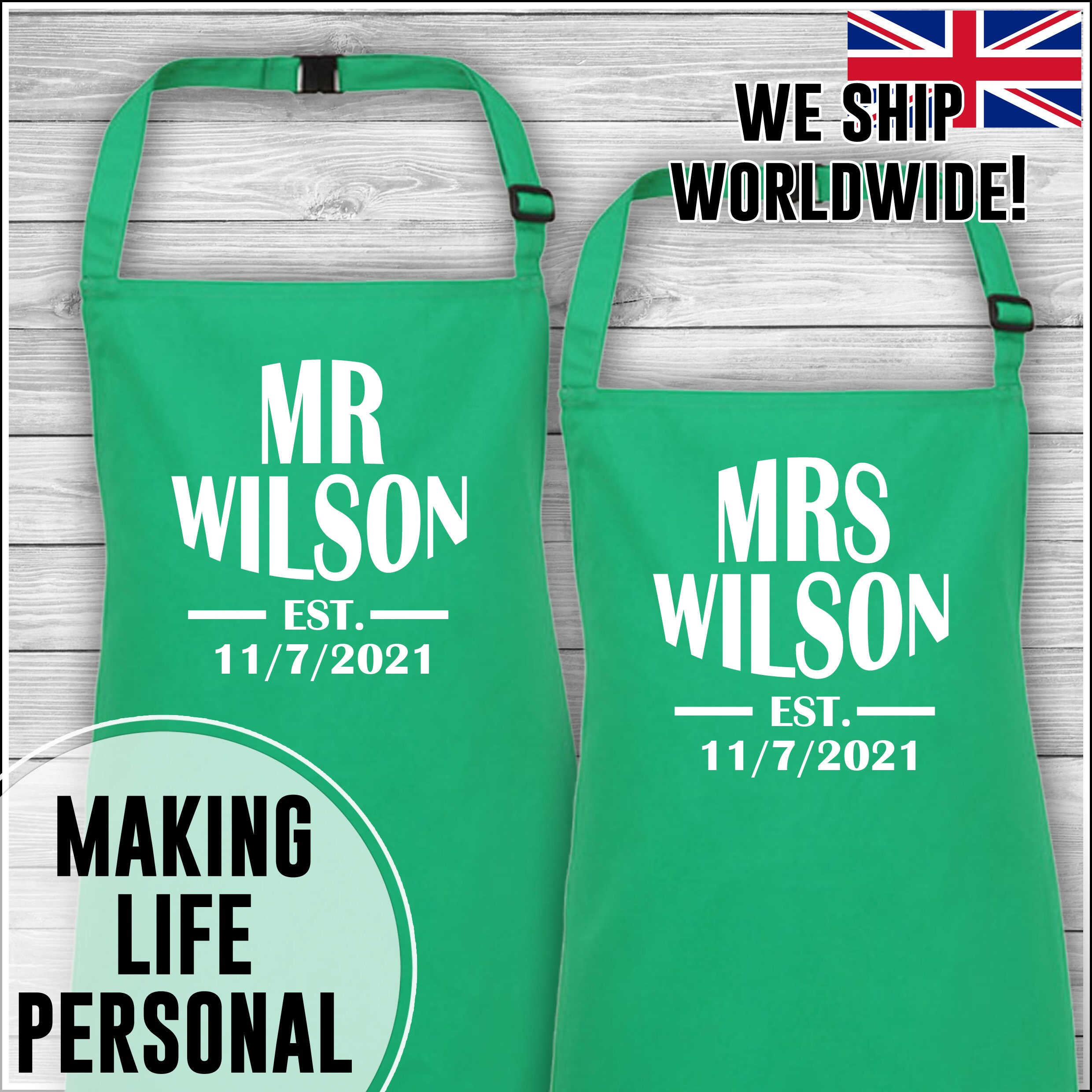 Mr & Mrs Surname Est Personalised Cooking Aprons Matching Family Aprons