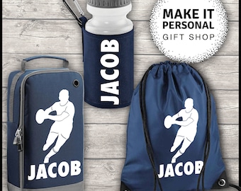 Personalised Rugby Sports Set – Boot Bag, Gym Bag & Water Bottle Custom Name Gift