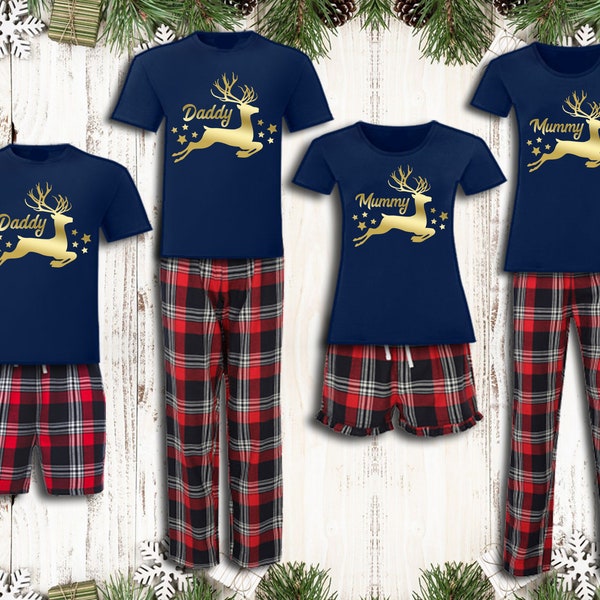 Personalised Reindeer Christmas Pyjamas Matching Name Pajamas Red Tartan Loungewear Adult Christmas Eve Box Gift