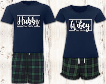 Personalised Pyjamas, Hubby & Wifey Matching Pyjamas, Mr and Mrs Wedding Gift, Couples Pajamas, Valentines Gift, Green and Navy Tartan