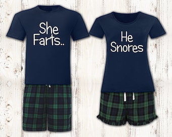 Personalised He Snores She Farts Matching Green and Navy Tartan Pyjamas Mr and Mrs Gifts Tartan Couples Hubby Wifey Set Wedding Anniversary