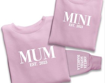 Personalised Mum and Mini EST Sweatshirt, Name On The Sleeve Mother's Day Gift, Mummy Birthday Gift, New Mum Gift