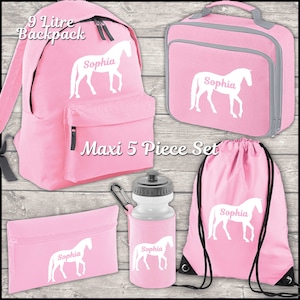 Personalised Horse Backpack Kids 18 12 or 9 Litre Boys Girls Name Lunch Bag Water Bottle Pencil Case School PE Bag Back To School Pink